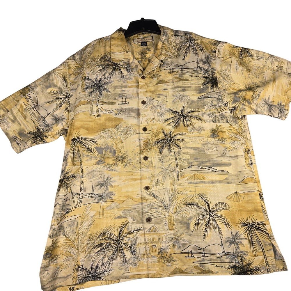 Tommy Bahama Mens Large 100% Silk Tropical Island Palm Tree Camp Shirt Yellow‎